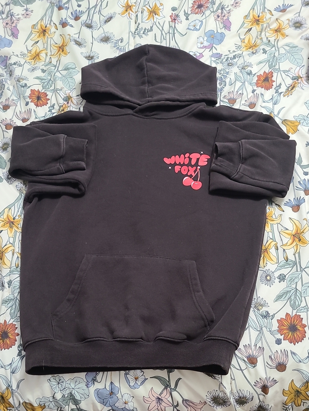 Womans White Fox Charcole Hoodie with Pink Cherry Graphic